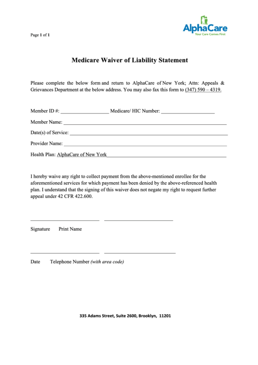 Medicare Waiver Of Liability Statement Template printable ...