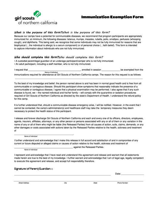 Girl Scouts Immunization Exemption Form Printable pdf