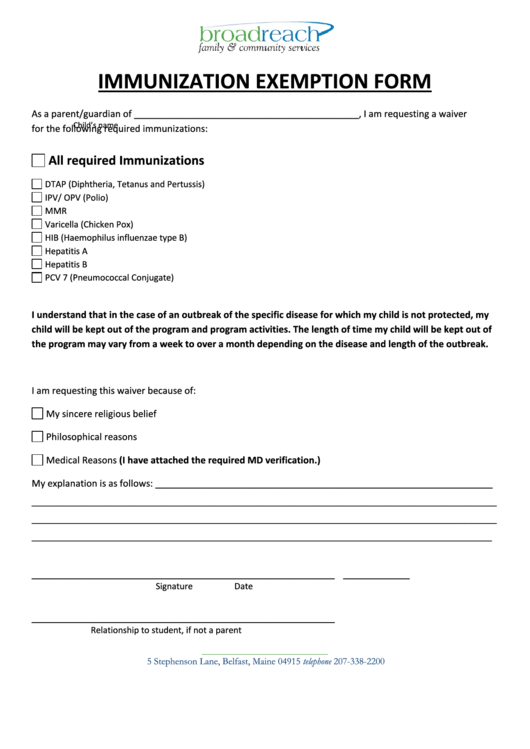 Immunization Exemption Form Printable pdf