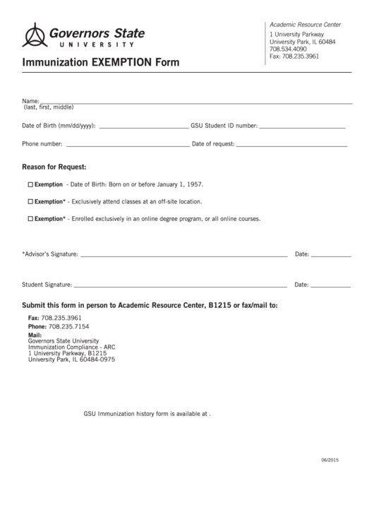 Governors State Immunization Exemption Form