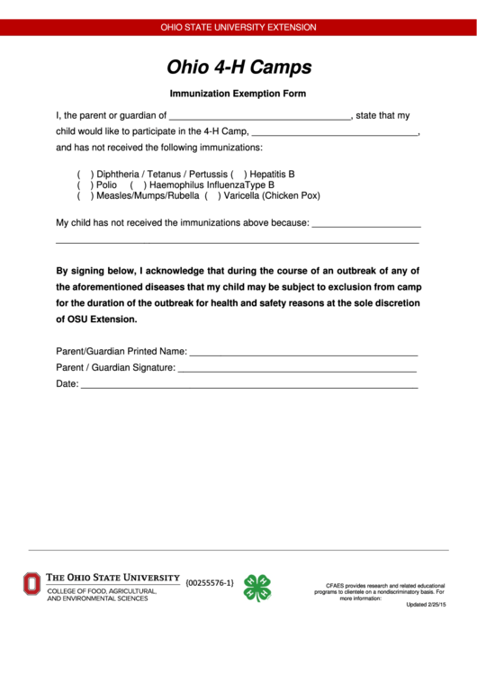 Ohio 4h Camps Immunization Exemption Form Printable pdf