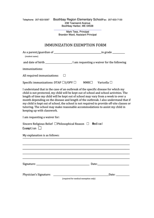Boothbay Region Elementary Immunization Exemption Form Printable pdf