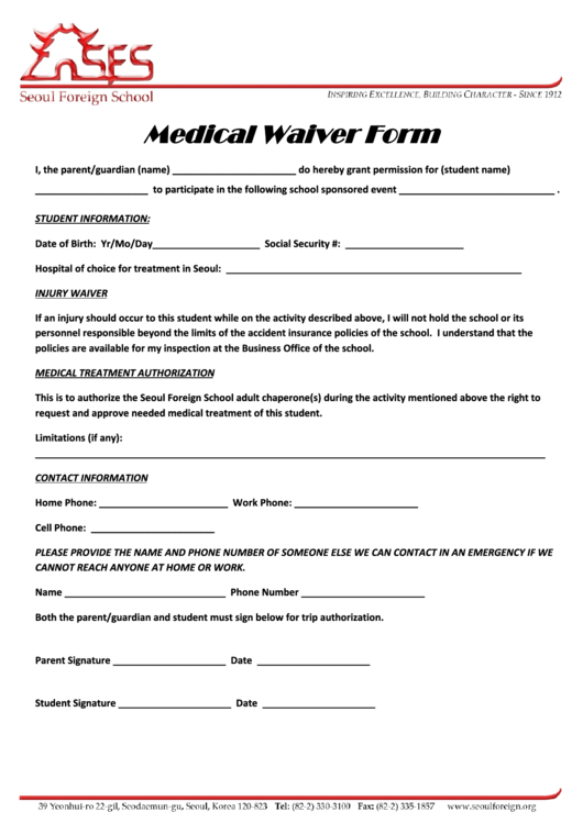 Fillable Seoul Foreign School Medical Waiver Form Printable pdf