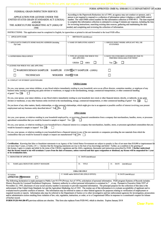 Fillable Form Fgis-944 - Application For License Under The United States Grain Standards Act (Usgsa) And/or The Agriculture Marketing Act (Ama) Of 1946 Printable pdf