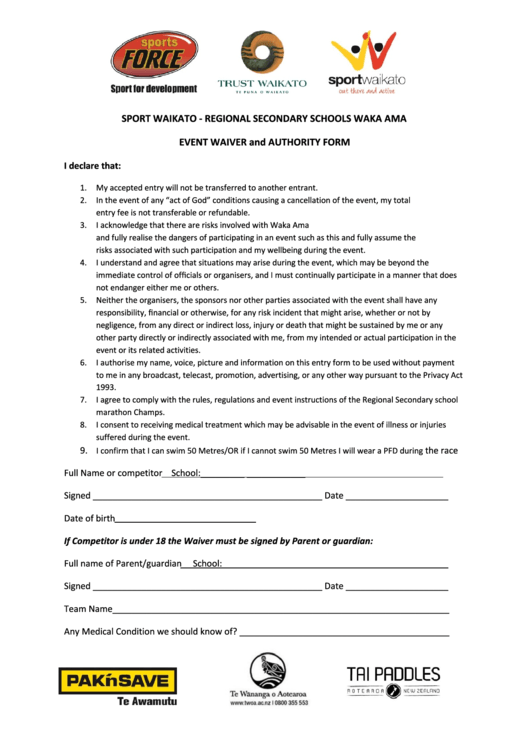 Event Waiver And Authority Form Printable pdf