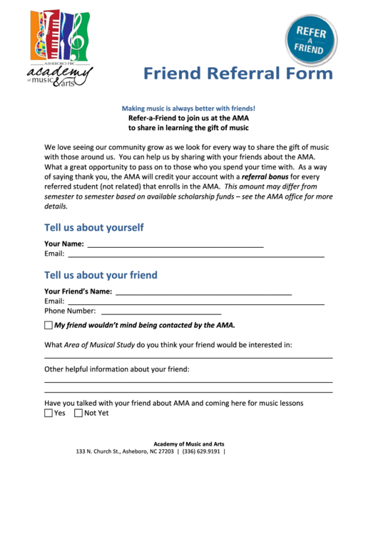 Friend Referral Form - Academy Of Music And Arts, Asheboro, Nc Printable pdf
