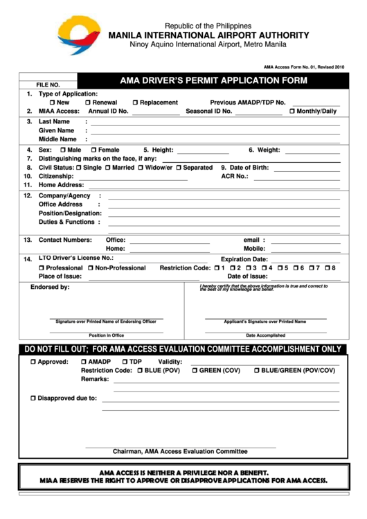 Ama Drivers Permit Application Form Printable pdf