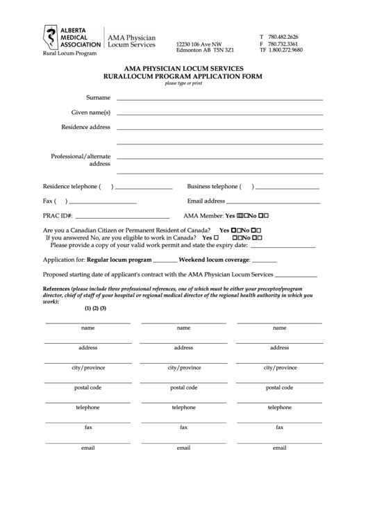 Fillable Ama Physician Locum Services Rural Locum Program Application Form Printable pdf