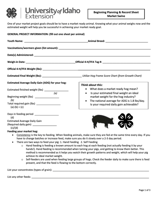 Beginning Planning - Record Sheet Pig Swine Printable pdf