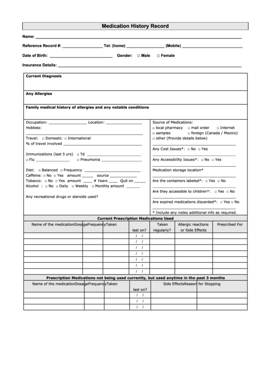 Medication History Form Printable pdf