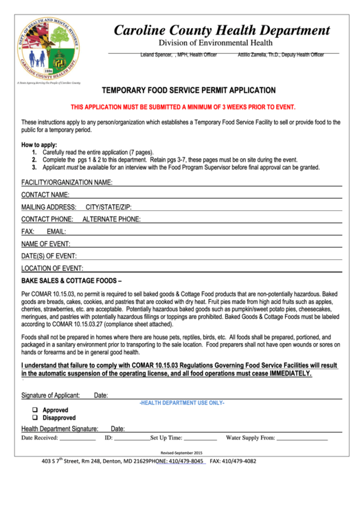 Temporary Food Service Permit Application Printable pdf
