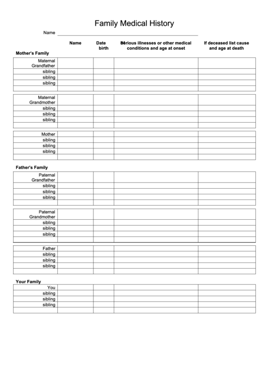 Family Medical History Form Printable pdf