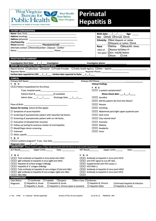 Perinatal Hepatitis B Questionnaire Form Printable pdf