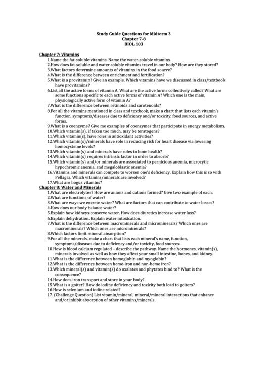 Biology 103 Study Guide Questions For Midterm 3 Printable Pdf Download