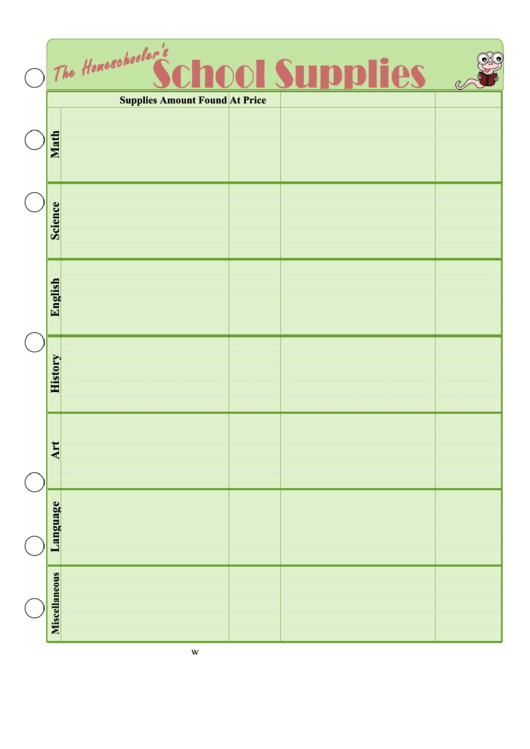 School Supply Chart Printable pdf