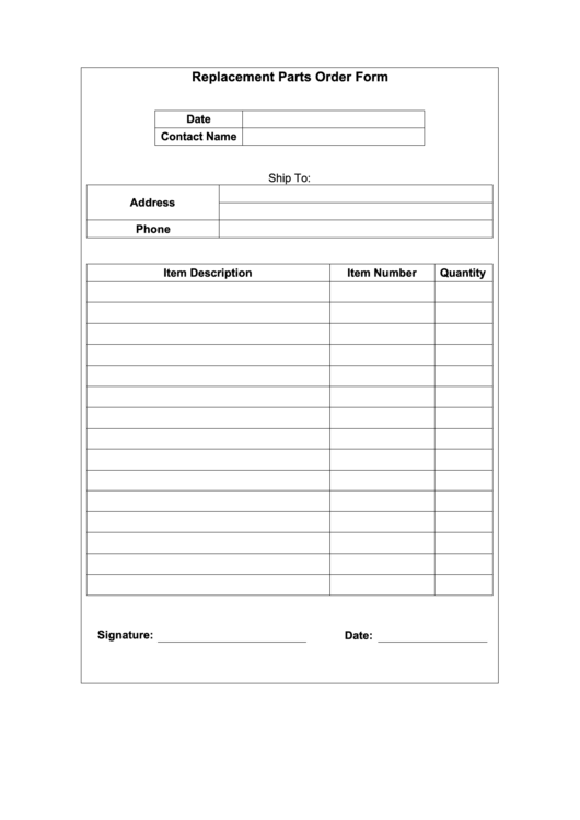 Replacement Parts Order Form Template Printable pdf