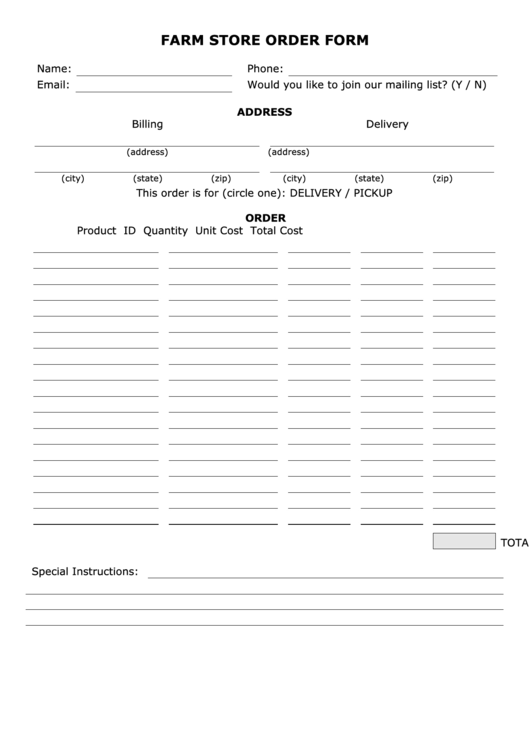 Farm Store Order Form Template Printable pdf