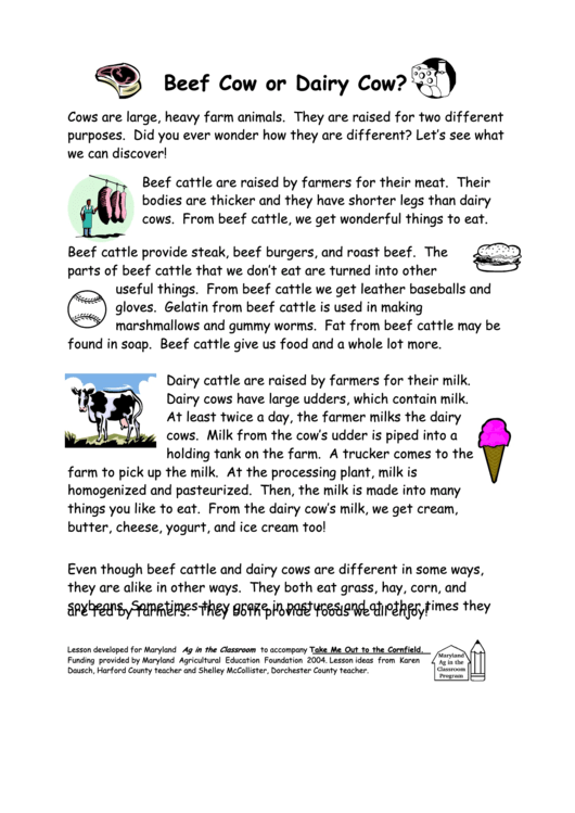 Beef Cow Or Dairy Cow Printable pdf