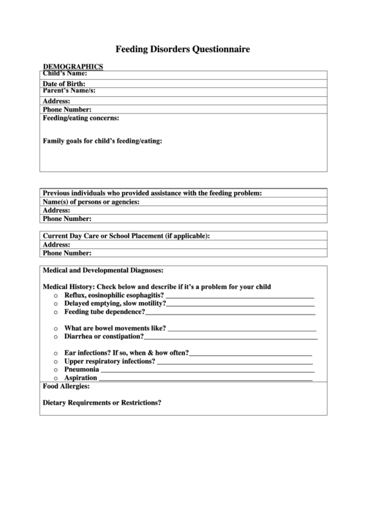 Feeding Disorders Questionnaire Printable pdf