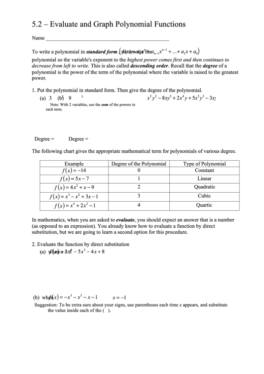 Evaluate And Graph Polynomial Functions Printable pdf