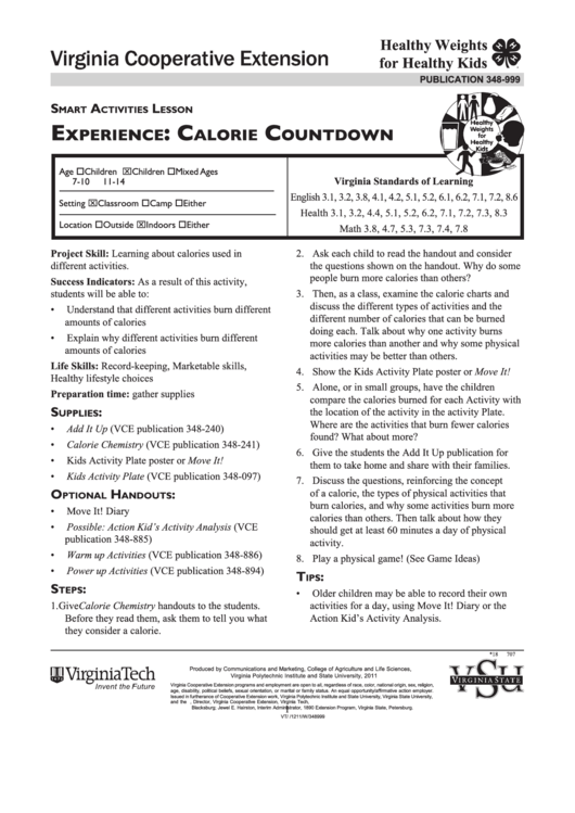 Smart Activities Lesson - Calorie Countdown Printable pdf