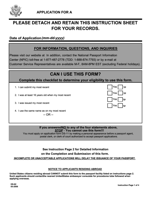 Form Ds-82 - Application For A U.s. Passport By Mail Printable pdf