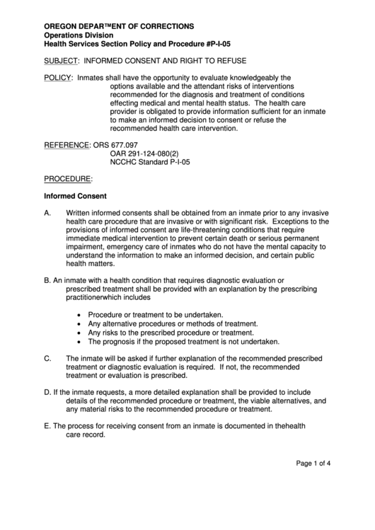 Patient Informed Consent / Refusal (Oregon Department Of Corrections) Printable pdf