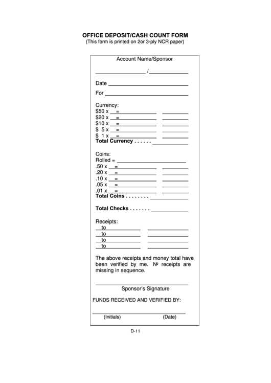 Cash Count Form Printable pdf