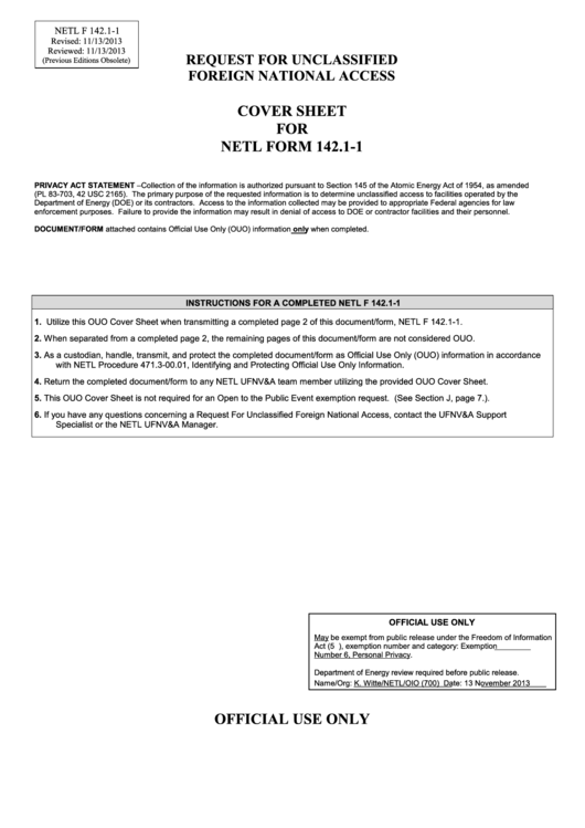 Fillable Request For Unclassified Foreign National Access Printable pdf