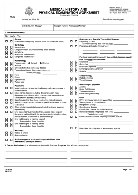 Fillable Ds-3026 Form - Medical History And Physical Examination Worksheet Printable pdf