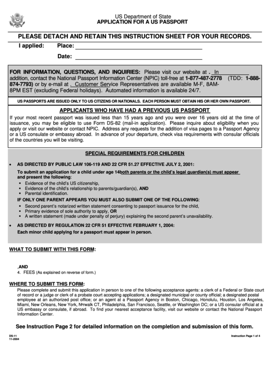 Form Ds-11 - Application For A Us Passport