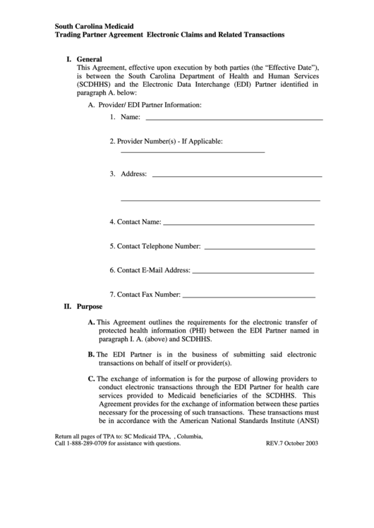 South Carolina Medicaid Trading Partner Agreement Printable pdf
