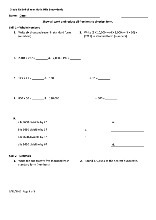Grade Six End Of Year Math Skills Study Guide