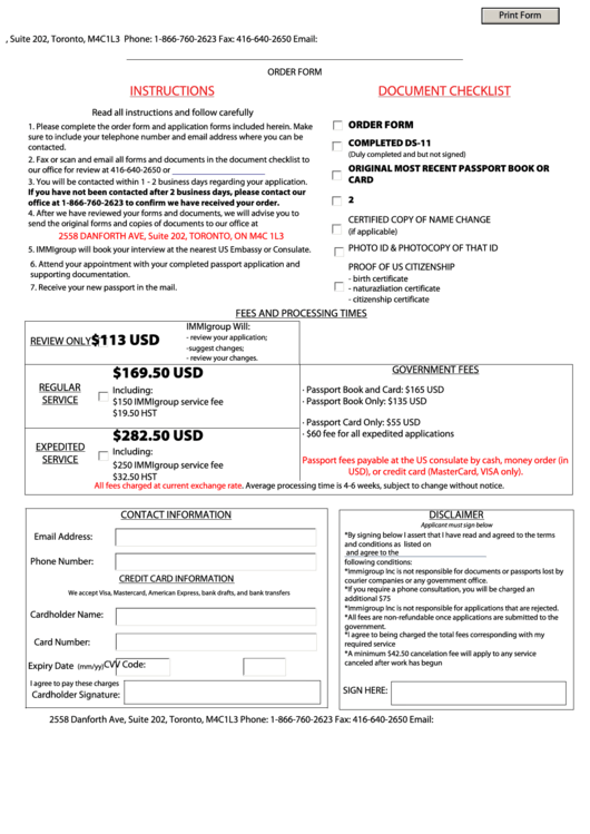 Fillable U.s. Passport Renewal From Canada By Appointment Order Form, Form Ds11 - Application For A Us Passport From Canada Printable pdf