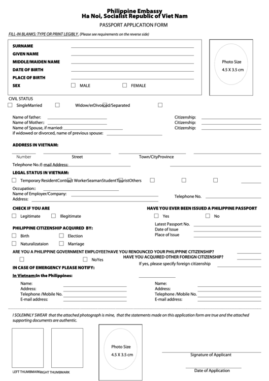 Philippine Embassy In Vietnam Passport Application Form Printable pdf
