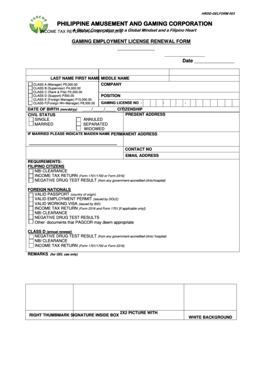 Hrdd-Gelform 003 - Gaming Employment License Renewal Form Printable pdf