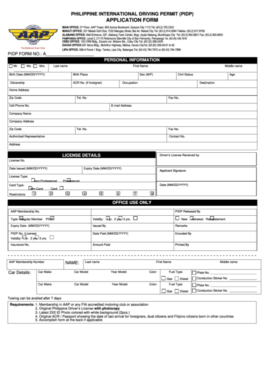 Philippine International Driving Permit (Pidp) Application Form Printable pdf