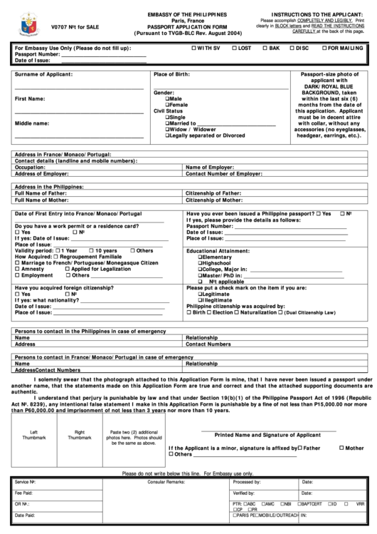 Passport Application Form For Embassy Of Philippines In France