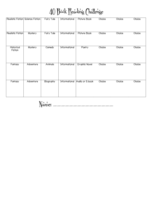 40 Book Reading Challenge Chart Printable pdf