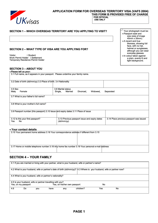 Vaf5 2004 Form - Application Form For Overseas Territory Visa Printable pdf