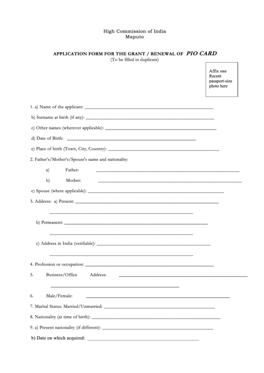 Application Form For The Grant Renewal Of Pio Card Printable pdf