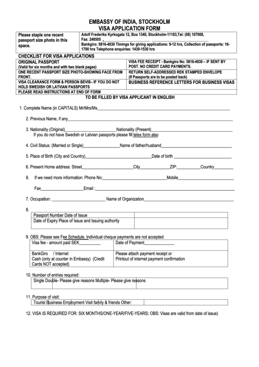 Visa Application Form Embassy In Stockholm Printable pdf