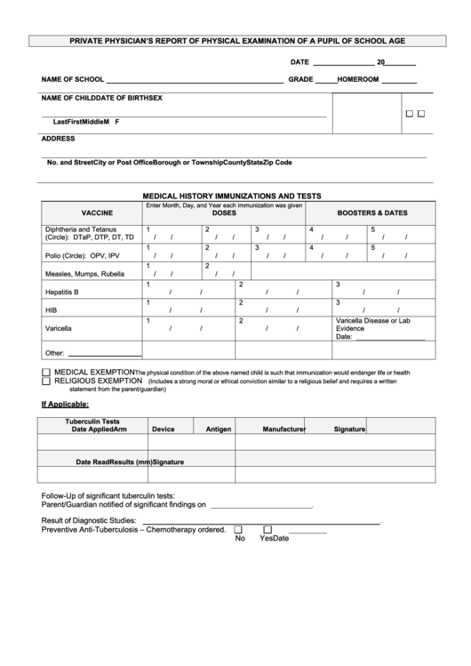 Private Physical Examination Form For School Printable pdf