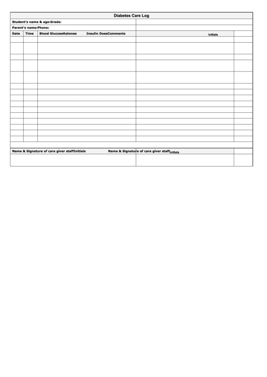 Diabetes Care Log Sheet Printable pdf