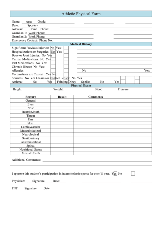 Athletic Physical Assessment Form Printable pdf