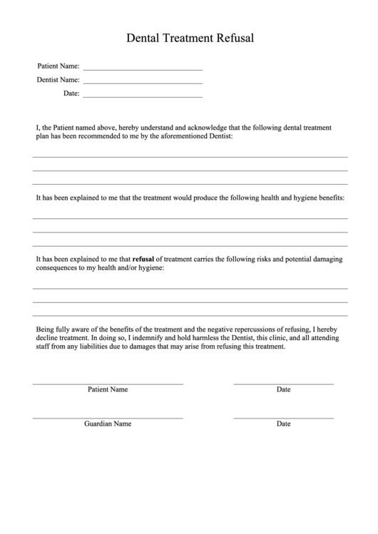 Refusal Of Dental Treatment Form Printable Pdf Download