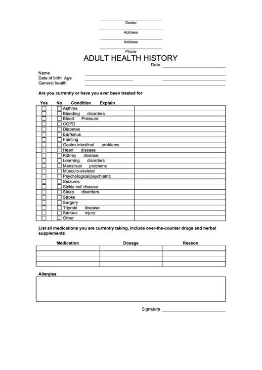 Adult Health History Form Printable pdf