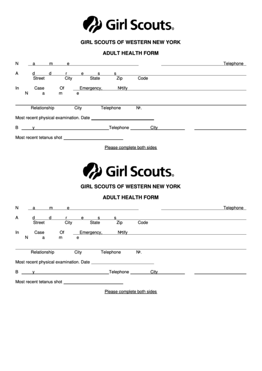 Fillable Girl Scouts Of Western New York - Adult Health Form Printable pdf
