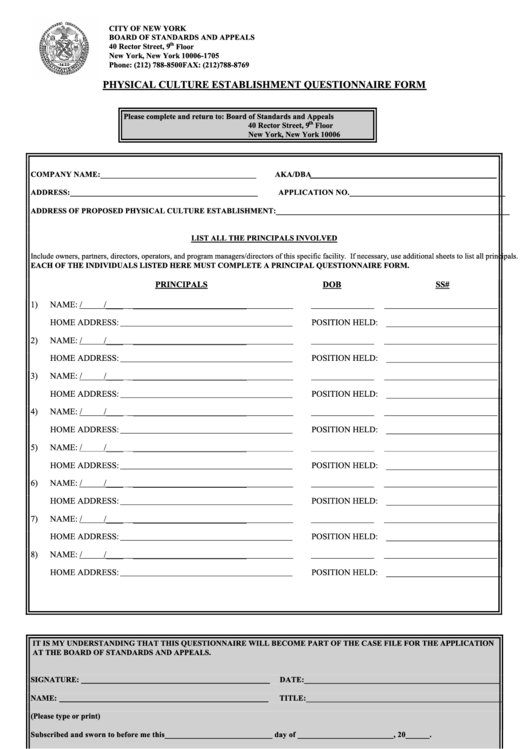 Physical Culture Establishment Questionnaire Form Printable pdf