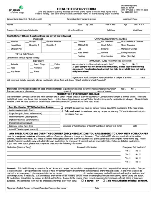 Girl Scouts Of Silver Sage Council Health History Form Printable pdf